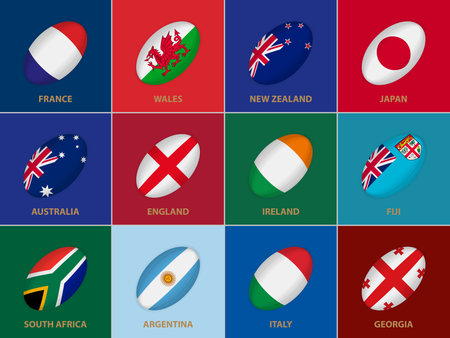 12 Flags in the Style of a Rugby Ball. Flag of Rugby U20 Competition Participants on Color Background.のイラスト素材
