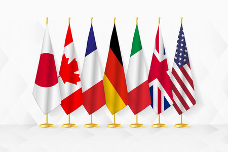 Members of G7 flags on flag stand, set of vector flag of Japan, Canada, France, Germany, Italy, United Kingdom, United States.のイラスト素材