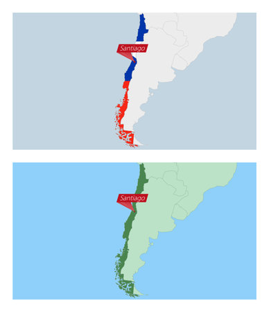 Chile map with pin of country capital. Two types of Chile map with neighboring countries. Vector template.のイラスト素材