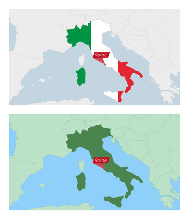 Italy map with pin of country capital. Two types of Italy map with neighboring countries. Vector template.のイラスト素材