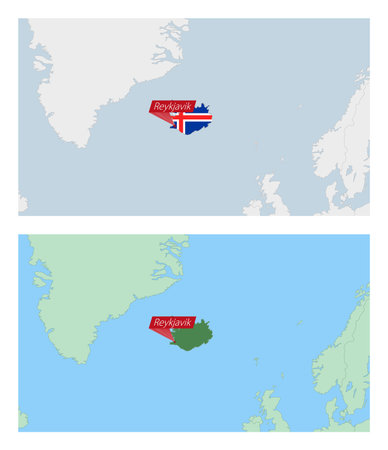 Iceland map with pin of country capital. Two types of Iceland map with neighboring countries. Vector template.のイラスト素材