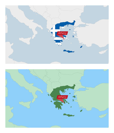 Greece map with pin of country capital. Two types of Greece map with neighboring countries. Vector template.のイラスト素材