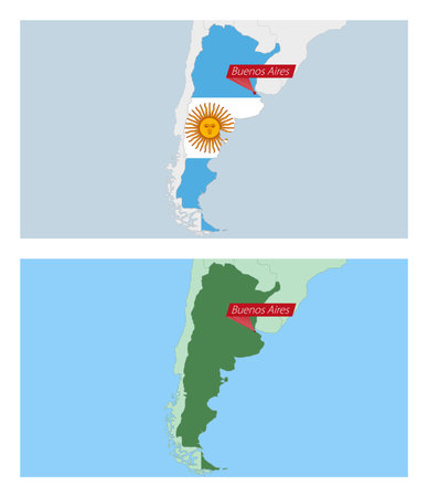 Argentina map with pin of country capital. Two types of Argentina map with neighboring countries. Vector template.のイラスト素材