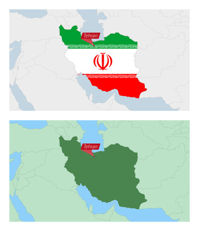 Iran map with pin of country capital. Two types of Iran map with neighboring countries. Vector template.のイラスト素材