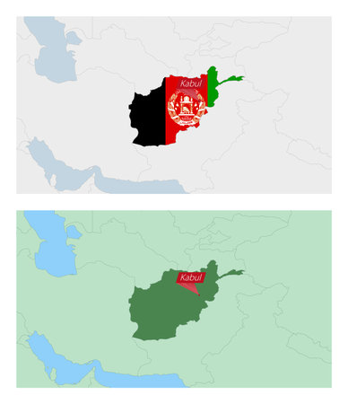 Afghanistan map with pin of country capital. Two types of Afghanistan map with neighboring countries. Vector template.のイラスト素材