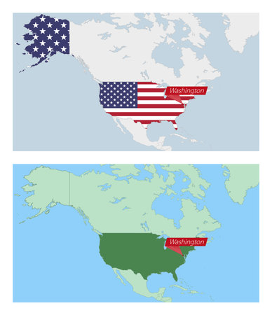 USA map with pin of country capital. Two types of USA map with neighboring countries. Vector template.のイラスト素材