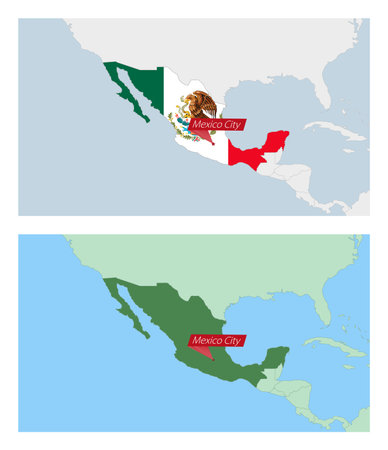Mexico map with pin of country capital. Two types of Mexico map with neighboring countries. Vector template.のイラスト素材