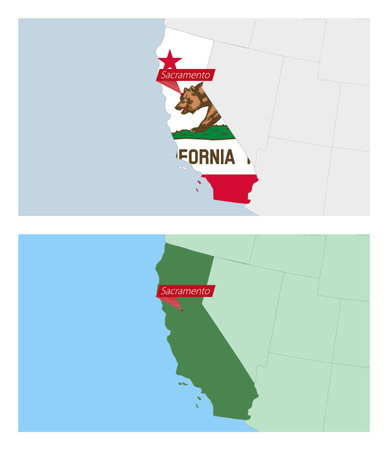 California map with pin of country capital. Two types of California map with neighboring countries. Vector template.のイラスト素材