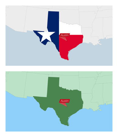 Texas map with pin of country capital. Two types of Texas map with neighboring countries. Vector template.のイラスト素材