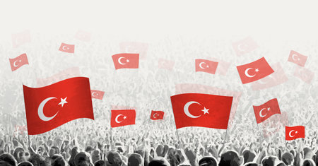 Abstract crowd with flag of Turkey. Peoples protest, revolution, strike and demonstration with flag of Turkey. Vector illustration.のイラスト素材