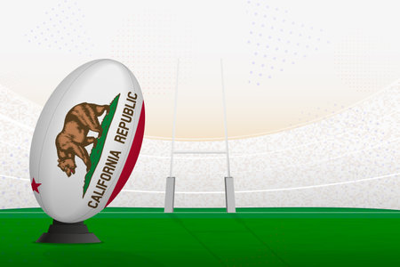 California national team rugby ball on rugby stadium and goal posts, preparing for a penalty or free kick. Vector illustration.のイラスト素材