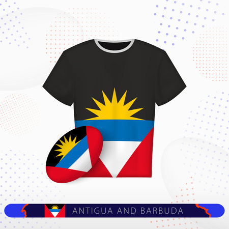 Antigua and Barbuda rugby jersey with rugby ball of Antigua and Barbuda on abstract sport background. Jersey design.のイラスト素材