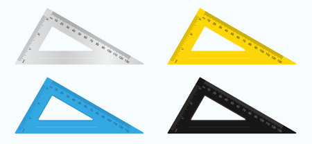 Set of school supplies, triangle ruler in metallic, yellow, blue and black colors. Vector illustration.のイラスト素材