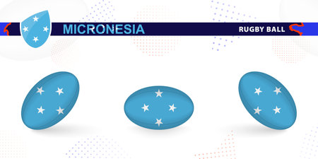 Rugby ball set with the flag of Micronesia in various angles on abstract background. Rugby vector collection.のイラスト素材