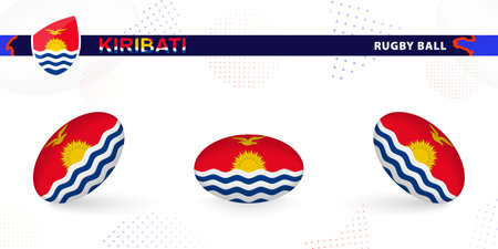 Rugby ball set with the flag of Kiribati in various angles on abstract background. Rugby vector collection.のイラスト素材