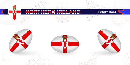 Rugby ball set with the flag of Northern Ireland in various angles on abstract background. Rugby vector collection.のイラスト素材
