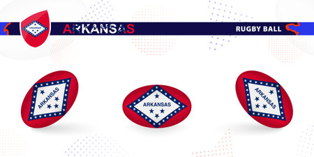 Rugby ball set with the flag of Arkansas in various angles on abstract background. Rugby vector collection.のイラスト素材
