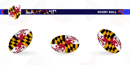 Rugby ball set with the flag of Maryland in various angles on abstract background. Rugby vector collection.のイラスト素材