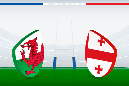 Match between Wales and Georgia, illustration of rugby flag icon on rugby stadium. Vector illustration.のイラスト素材