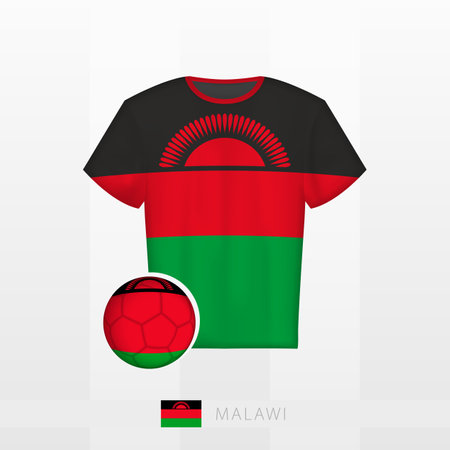 Football uniform of national team of Malawi with football ball with flag of Malawi. Soccer jersey and soccerball with flag. Vector template.のイラスト素材