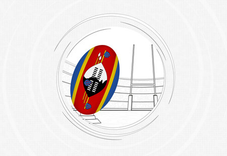 Swaziland flag on rugby ball, lined circle rugby icon with ball in a crowded stadium. Vector sport emblem on abstract background.のイラスト素材
