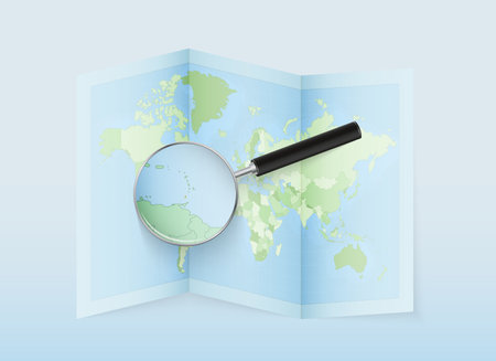 A folded world map with a magnifying lens pointing towards Grenada. Map and flag of Italy in loupe. Vector illustration in blue color tone.のイラスト素材