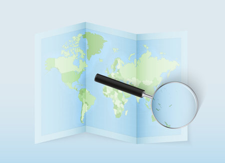 A folded world map with a magnifying lens pointing towards Tonga. Map and flag of Italy in loupe. Vector illustration in blue color tone.のイラスト素材