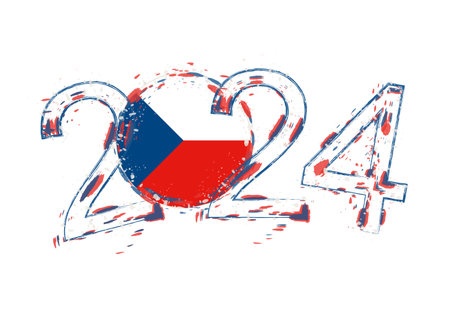 2024 Year in grunge style with flag of Czech Republic. Holiday grunge vector illustration.のイラスト素材