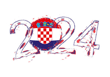 2024 Year in grunge style with flag of Croatia. Holiday grunge vector illustration.のイラスト素材