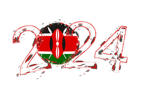 2024 Year in grunge style with flag of Kenya. Holiday grunge vector illustration.のイラスト素材