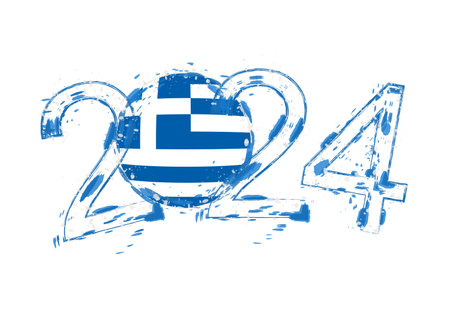2024 Year in grunge style with flag of Greece. Holiday grunge vector illustration.のイラスト素材