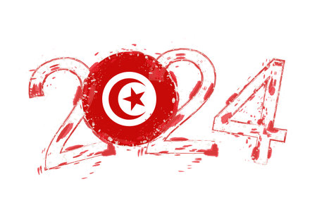 2024 Year in grunge style with flag of Tunisia. Holiday grunge vector illustration.のイラスト素材