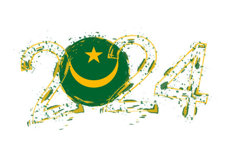 2024 Year in grunge style with flag of Mauritania. Holiday grunge vector illustration.のイラスト素材