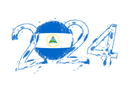 2024 Year in grunge style with flag of Nicaragua. Holiday grunge vector illustration.のイラスト素材