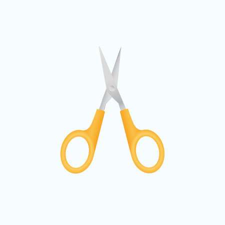 Open scissors with yellow handles for kids. Flat illustration of scissors. Vector icon.のイラスト素材