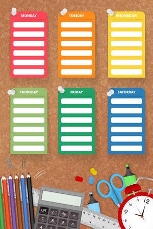 Vertical school timetable on cork bulletin board with school supplies. Vector illustration.のイラスト素材