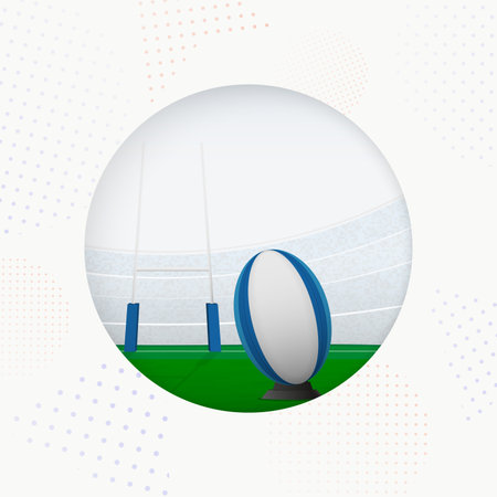 Rugby ball with rugby posts on field, circle vector icon. Vector illustration.のイラスト素材