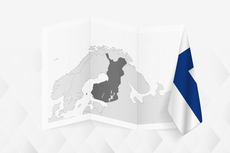 A grayscale map of Finland with a hanging Finnish flag on one side. Vector map for many types of news. Vector illustration.のイラスト素材