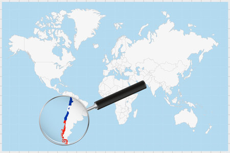 Magnifying glass showing a map of Chile on a world map. Chile flag and map enlarge in lens. Vector Illustration.のイラスト素材