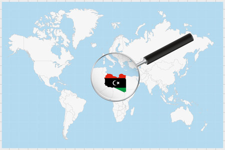 Magnifying glass showing a map of Libya on a world map. Libya flag and map enlarge in lens. Vector Illustration.のイラスト素材