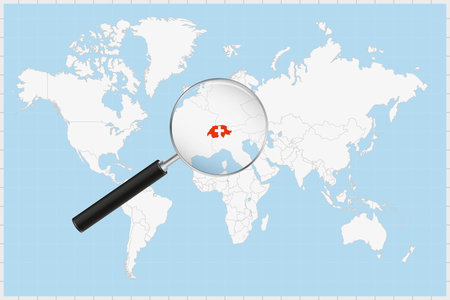 Magnifying glass showing a map of Switzerland on a world map. Switzerland flag and map enlarge in lens. Vector Illustration.のイラスト素材