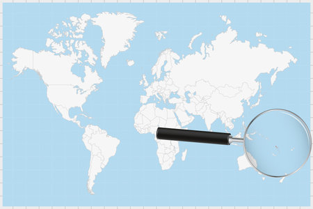 Magnifying glass showing a map of Vanuatu on a world map. Vanuatu flag and map enlarge in lens. Vector Illustration.のイラスト素材