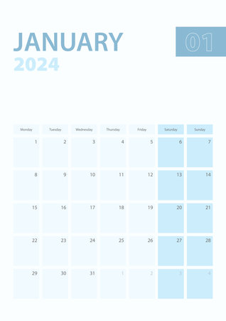 Vertical calendar page of January 2024, Week starts from Monday. Vector planner.のイラスト素材