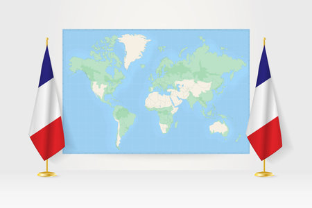 World Map between two hanging flags of France on flag stand. Vector illustration for diplomacy meeting, press conference and other.のイラスト素材