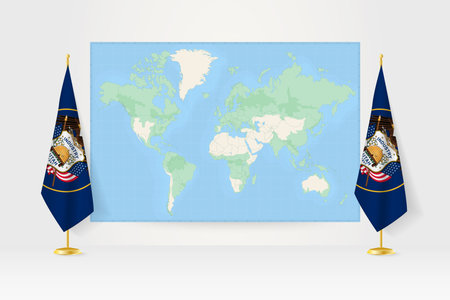 World Map between two hanging flags of Utah on flag stand. Vector illustration for diplomacy meeting, press conference and other.のイラスト素材