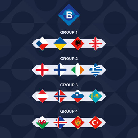League B Flags of the European Football Competition. National Teams Flags sorted by group.のイラスト素材