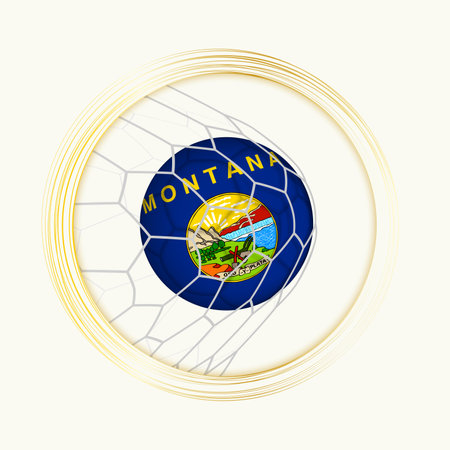 Montana scoring goal, abstract football symbol with illustration of Montana ball in soccer net. Vector sport illustration.のイラスト素材