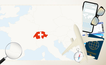 Switzerland map and flag, cargo plane on the detailed map of Switzerland with flag, passport, magnifying glass and airplane. Vector template.のイラスト素材