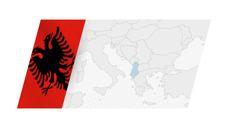 Albania map in modern style with flag of Albania on left side. Vector illustration of a map.のイラスト素材
