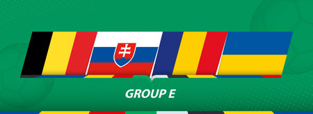 Group E participants of soccer competition on abstract football background. Flag of Belgium, Slovakia, Romania, Ukraine.のイラスト素材